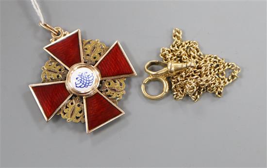 An early 20th century Russian 56 zolotnik yellow metal and enamel cross pendant and an associated 18ct chain, pendant 34mm.